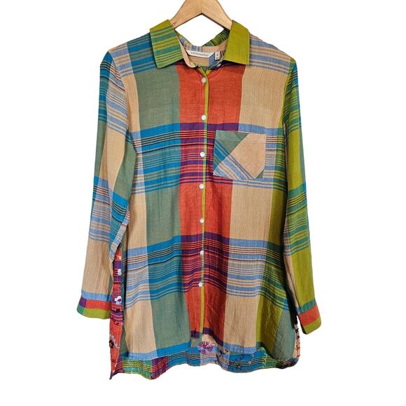Soft Surroundings Plaid Button Down Top Embroidered Back Linen Blend Womens Med - Picture 2 of 10